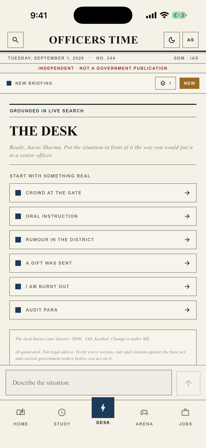 The Desk screen, where a situation is put to the app and answered with sources.