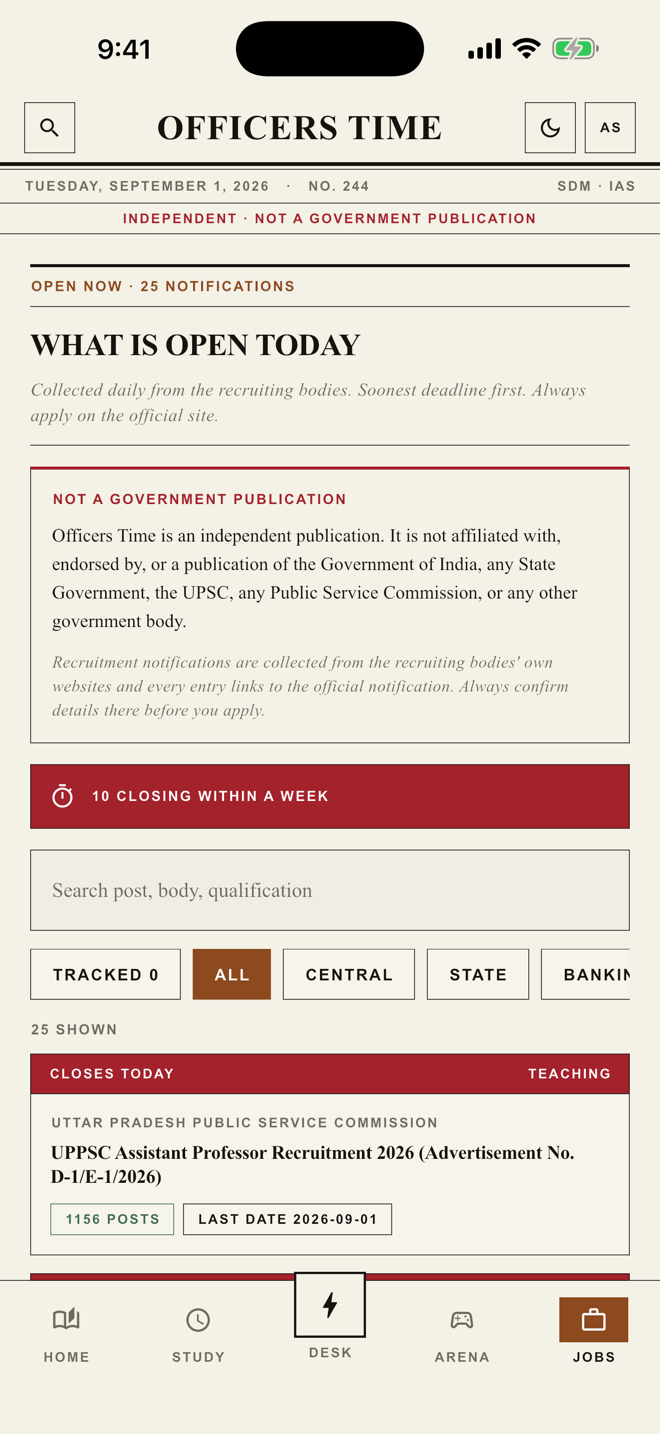 The Jobs screen, listing open recruitment notifications by closing date.